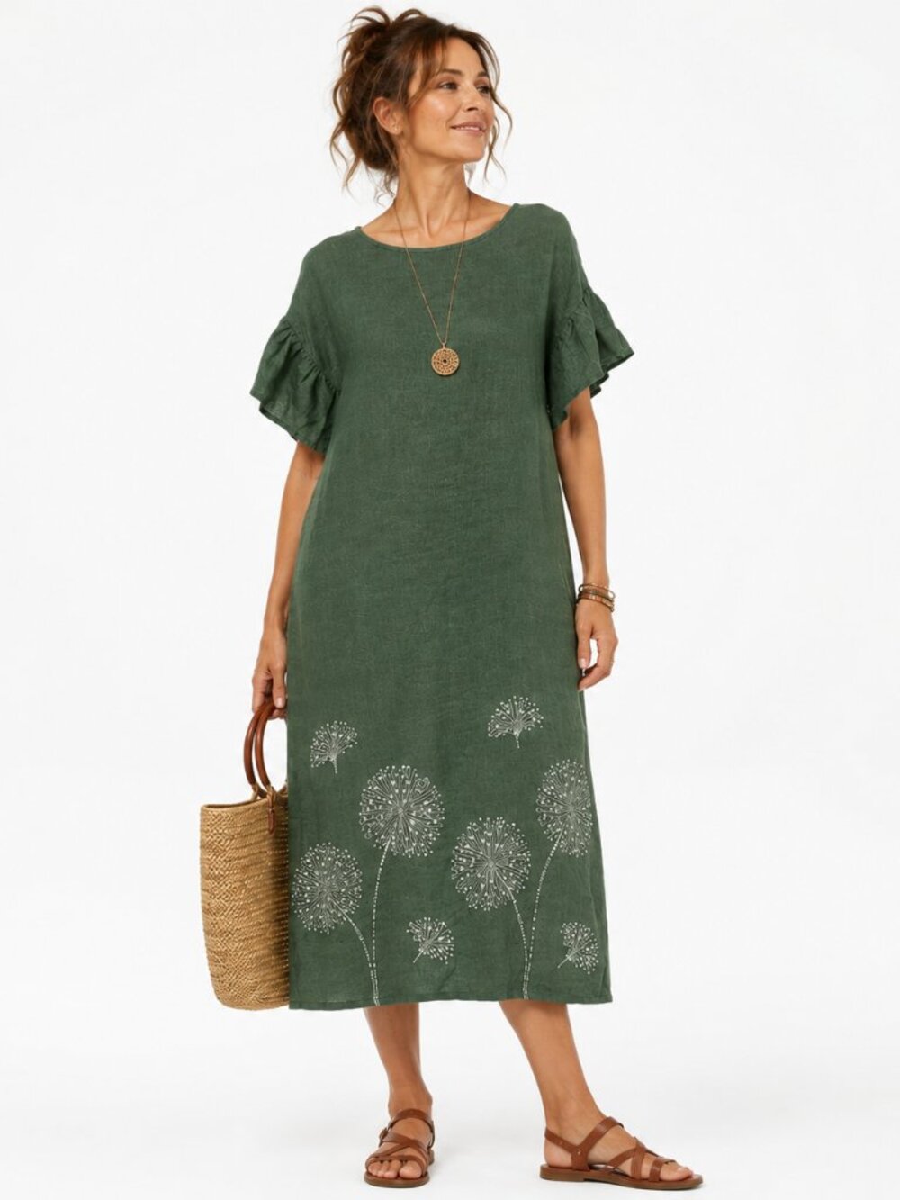 Le Ragazze Linen Dress Womens M Olive Green Floral Made Italy Lagenlook Boho